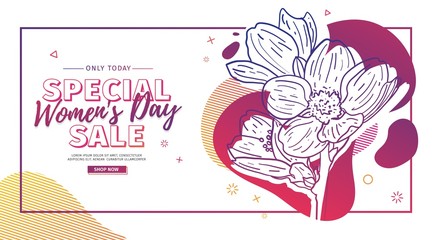 Modern Template design for 8 march event.  Promotion banner  for international women's day offer with flower decoration.  Line illustration blossom with abstract geometric shape for sale. Vector