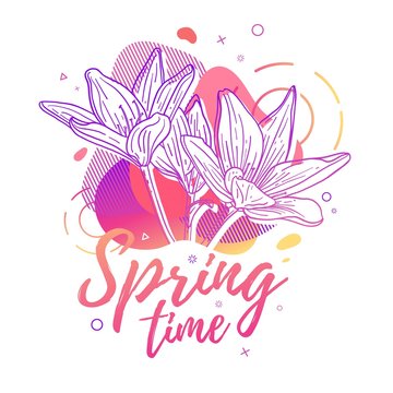 Template design print with flower line. Poster with modern abstract gradient shape with lily blossom.  Illustration for  spring time banner and season sale. Vector