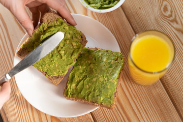breakfast with avocado toast, orange juice