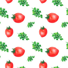 Watercolor hand drawn parsley tomatoes isolated seamless pattern.