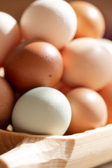 Plain multicoloured free range eggs on wooden plate