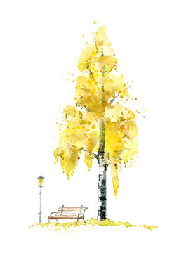 yellow watercolor tree park bench lamp clip art preview