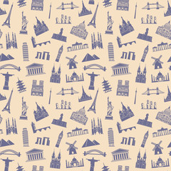 Seamless background with tourist attractions and architectural landmarks