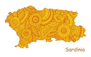 Textured vector map of Sardinia. Hand drawn ethno pattern, tribal background.
