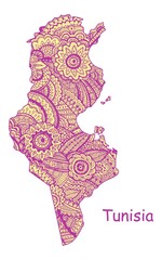 Textured vector map of Tunisia. Hand drawn ethno pattern, tribal background.