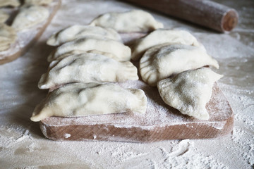 Homemade cooking dumplings with cottage cheese. Close-up. Selective focus