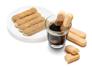 Italian Savoiardi Biscuits and coffee isolated on white with clipping path