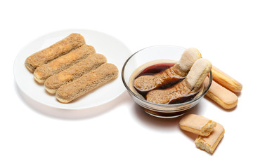 Italian Savoiardi Biscuits and coffee isolated on white with clipping path