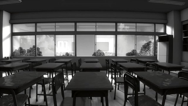 Window view of empty classroom