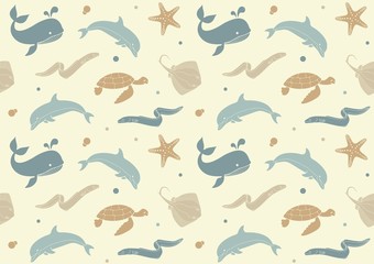 Seamless background with icons of sea inhabitants in flat style