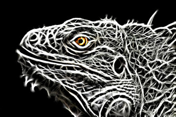 Fractal image of an iguana lizard with a bright yellow eye on a contrasting black background