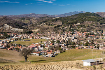 Panoramic view of Sant'Angelo in Vado, a small town along the Metauro valley in the Pesaro-Urbino...