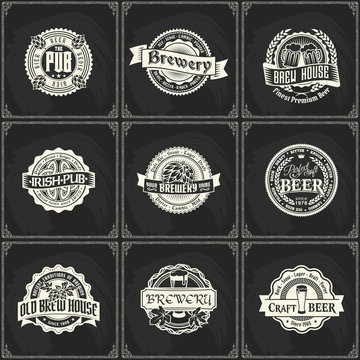Beer brewery logo label set on chalkboard texture