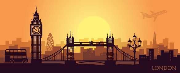 Stylized landscape of London with big Ben, tower bridge and other attractions