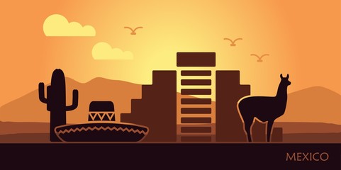 Stylized landscape of Mexico with a llama, cactuses and ancient pyramid.