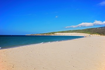 View of the white sands on Valdevaqueros beach, Tarifa, Spain.