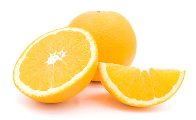 Fototapeta na wymiar Top view of textured ripe slice of orange citrus fruit isolated on white background. 