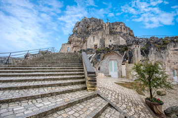 Matera, Basilicata, Puglia, Italy - View of the church of Madonna de Idris (  Chiesa Rupestre di Santa Maria di Idris ) in the rock. Cave church in Sassi old town. Montirone hill