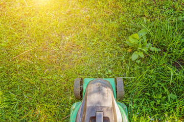 Lawn mower cutting green grass in backyard in sunny day. Gardening country lifestyle background. Beautiful view on fresh green grass lawn in sunlight, garden landscape in spring or summer season