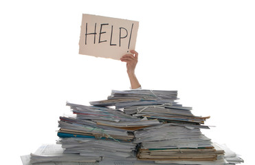 Person under a pile of papers with a hand holding a sign of help. Accounting.