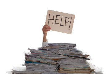 Person under a pile of papers with a hand holding a sign of help. Accounting.
