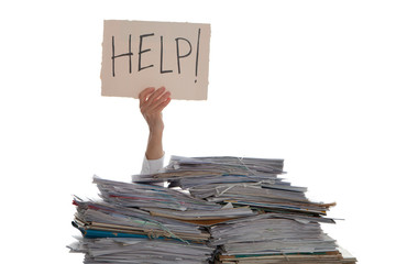 Person under a pile of papers with a hand holding a sign of help. Accounting.