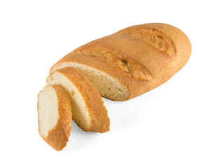 loaf of white bread with cut slices with shadows isolated on a white background. 100 sharpness of the stack image.