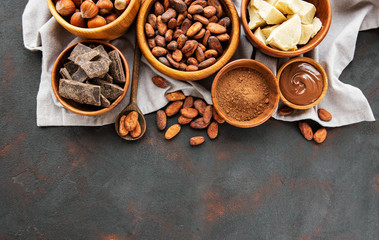 Cocoa beans, butter and chocolate