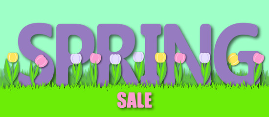 Spring sale background with grass and tulips. Paper art vector. 3d effect.