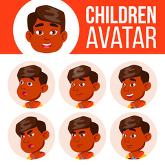 Indian Boy Avatar Set Kid Vector. Kindergarten. Face Emotions. Portrait, User, Child. Junior, Pre-school, Kiddy. Placard, Presentation. Cartoon Head Illustration