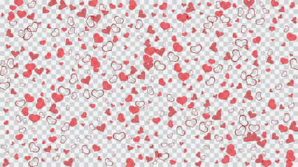 Fototapeta na wymiar A sample of wallpaper design, textiles, packaging, printing, holiday invitation for birthday. Red on Transparent background Vector. Spring background. Red hearts of confetti are flying.