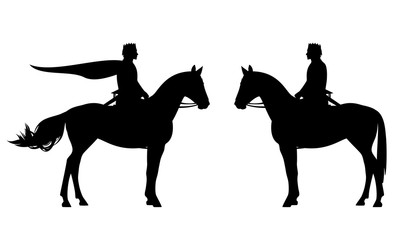 horseback king wearing crown and armed with sword - black vector silhouette of royal prince riding a horse