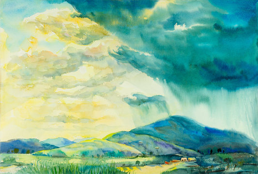 Watercolor landscape original painting colorful of sunny rain
