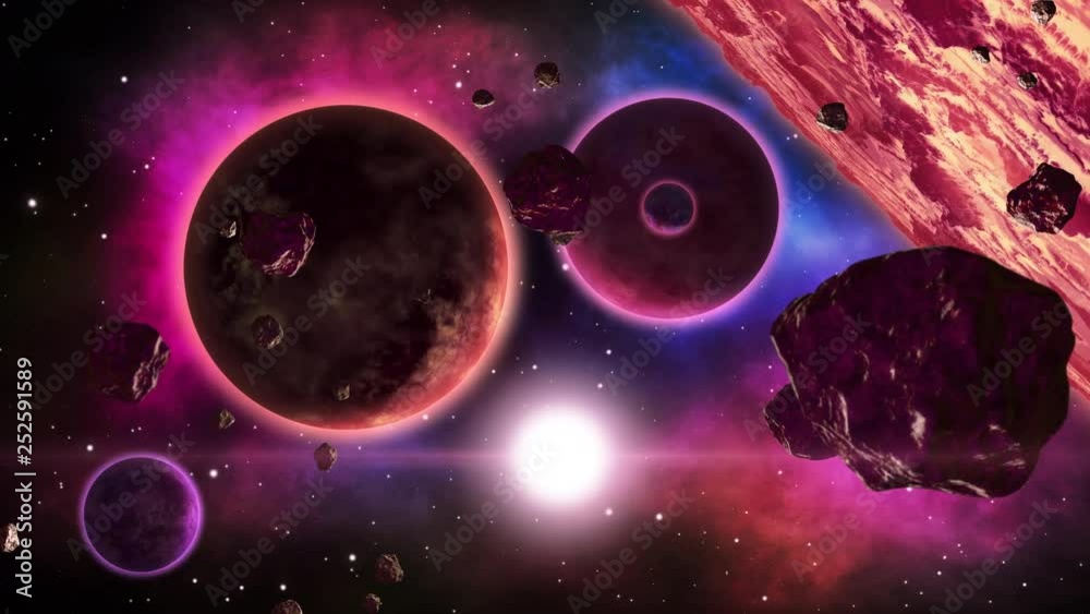 Wall mural rotating asteroids and planets. 3d seamless animation. space art collection.