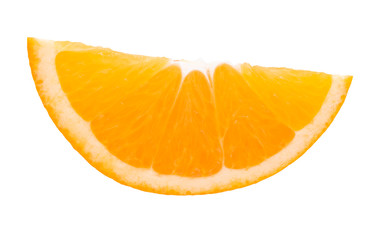 Top view of textured ripe slice of orange citrus fruit isolated on white background. 