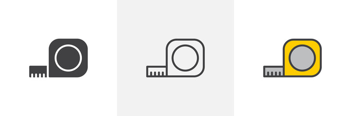 Measuring tape tool icon. Line, glyph and filled outline colorful version, Tape measure outline and filled vector sign. Roulette construction symbol, logo illustration. Different style icons set. 