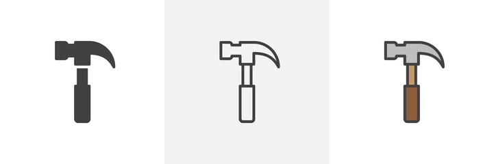 Carpenter hammer icon. Line, glyph and filled outline colorful version, claw hammer outline and filled vector sign. Symbol, logo illustration. Different style icons set. Pixel perfect vector graphics