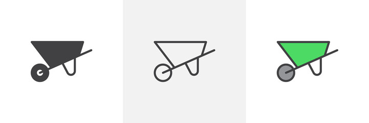 Construction wheelbarrow icon. Line, glyph and filled outline colorful version, farm wheel barrow outline and filled vector sign. Symbol, logo illustration. Different style icons set. Pixel perfect 