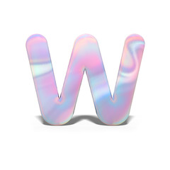 Abstract 3d capital letter W in bright holographic design. Realistic shiny alphabet on neon blue pink font, isolated white background. 3d rendering