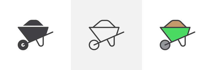 Sand wheelbarrow icon. Line, glyph and filled outline colorful version, construction barrow outline and filled vector sign. Symbol, logo illustration. Different style icons set. Vector graphics - obrazy, fototapety, plakaty