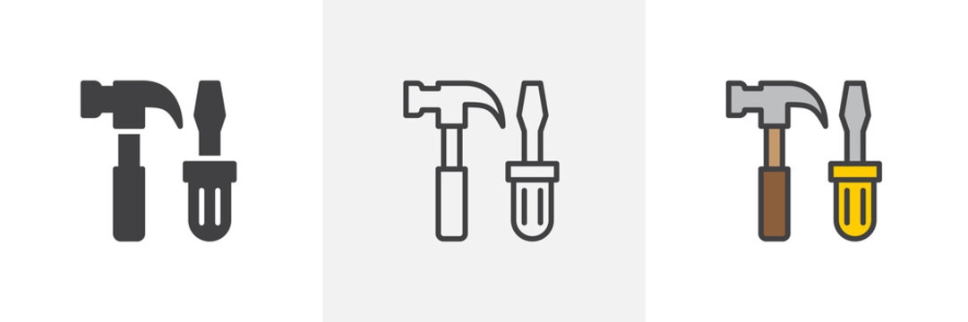 Hammer and screwdriver icon. Line, glyph and filled outline colorful version, work tool outline and filled vector sign. Craftsman tool symbol, logo illustration. Different style icons set