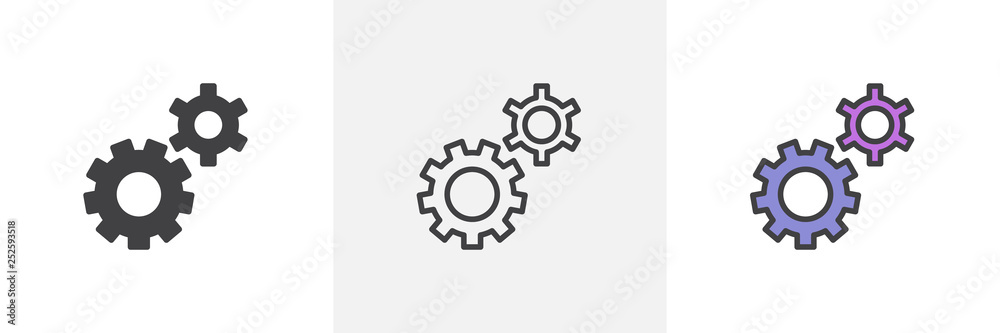 Poster setting gears icon. line, glyph and filled outline colorful version, clock gear outline and filled v