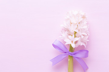 Fototapeta na wymiar Flowers composition with hyacinths. Spring flowers on color background. Easter concept. Flat lay, top view.