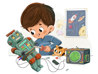 Niño con un robot y su mascota