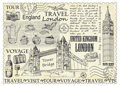 Stamp London with Big Ben and Tower Bridge.