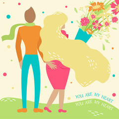 A couple in love walks in an embrace with a bouquet of flowers. Trendy hand-drawn style.