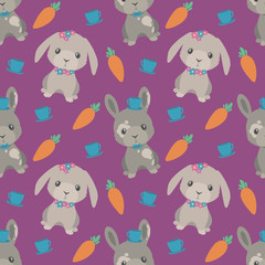 Cute cartoon seamless pattern with easter bunnies and carrots and tea cupson bright purple background