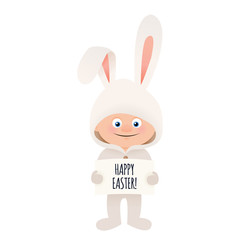 Cute easter rabbit, small child in bunny costume, cartoon vector illustration