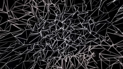 Abstract background of white triangles rotating chaotically on black background, seamless loop. Animation of flying, spinning monochrome geometrical figures, broken glass effect.