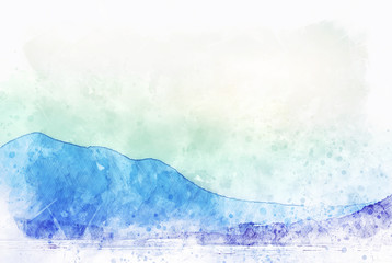 Abstract colorful mountain range and river watercolor illustration painting background.